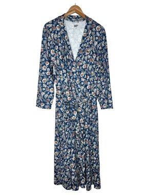 Lands End 100% Cotton Jersey Midi Length Robe Size 2X Floral Print Blue Multi